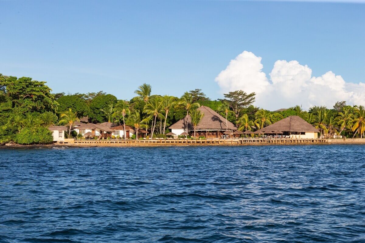 view from the ocean of the Corail Noir hotel in Nosy Be