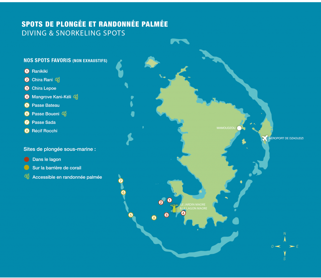 Carte des spots de plongées du Lagon Maore